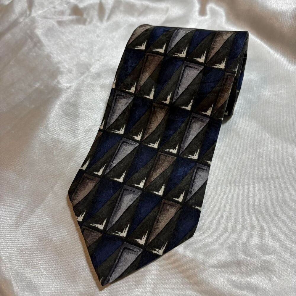 PICONE Abstract Geometric 100% Silk Tie Blue Green Brown Pattern Tie imported